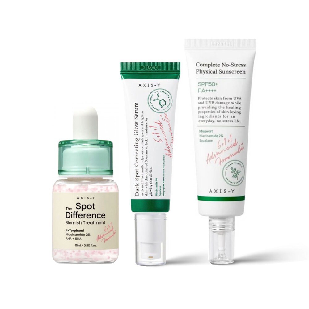 AXIS-Y 3pcs Bundle Set #1 [ AXIS-Y Spot The Difference Blemish Treatment +  AXIS–Y Dark Spot Correcting Glow Serum +  AXIS–Y Complete No-Stress Physical Sunscreen ]