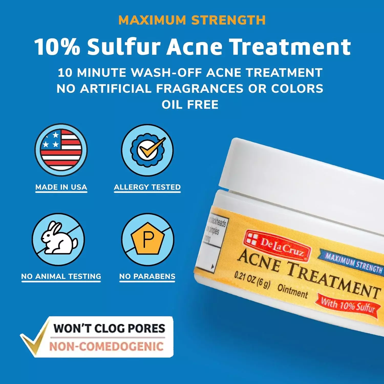 De La Cruz 10% Sulfur Ointment Maximum Strength Acne Treatment 6g