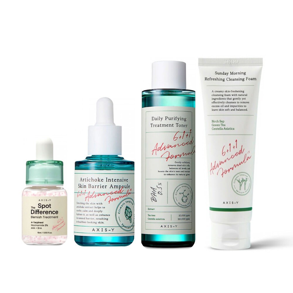 AXIS-Y 4pcs Bundle Set #1 [ Sunday Morning Refreshing Cleansing Foam + Daily Purifying Treatment Toner + Artichoke Intensive Skin Barrier Ampoule + Spot The Difference Blemish Treatment ]