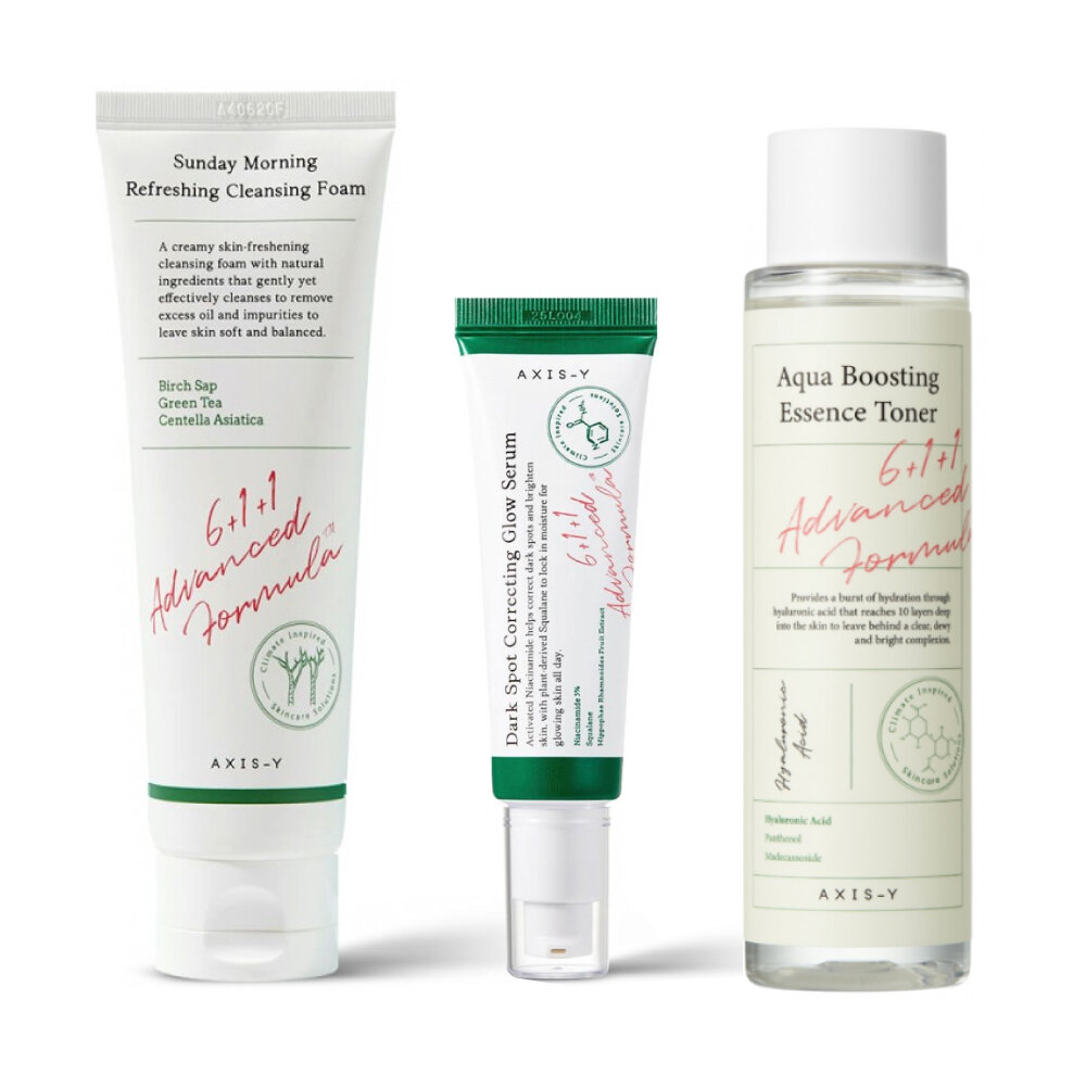 AXIS-Y 3pcs Bundle Set #2 [ AXIS-Y Sunday Morning Refreshing Cleansing Foam + AXIS-Y Aqua Boosting Essence Toner + AXIS–Y Dark Spot Correcting Glow Serum ]