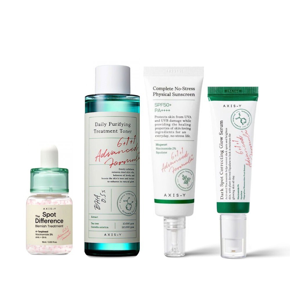 AXIS-Y 4pcs Bundle Set #2 [ Sunday Morning Refreshing Cleansing Foam + Daily Purifying Treatment Toner + Dark Spot Correcting Glow Serum + Complete No-Stress Physical Sunscreen ]