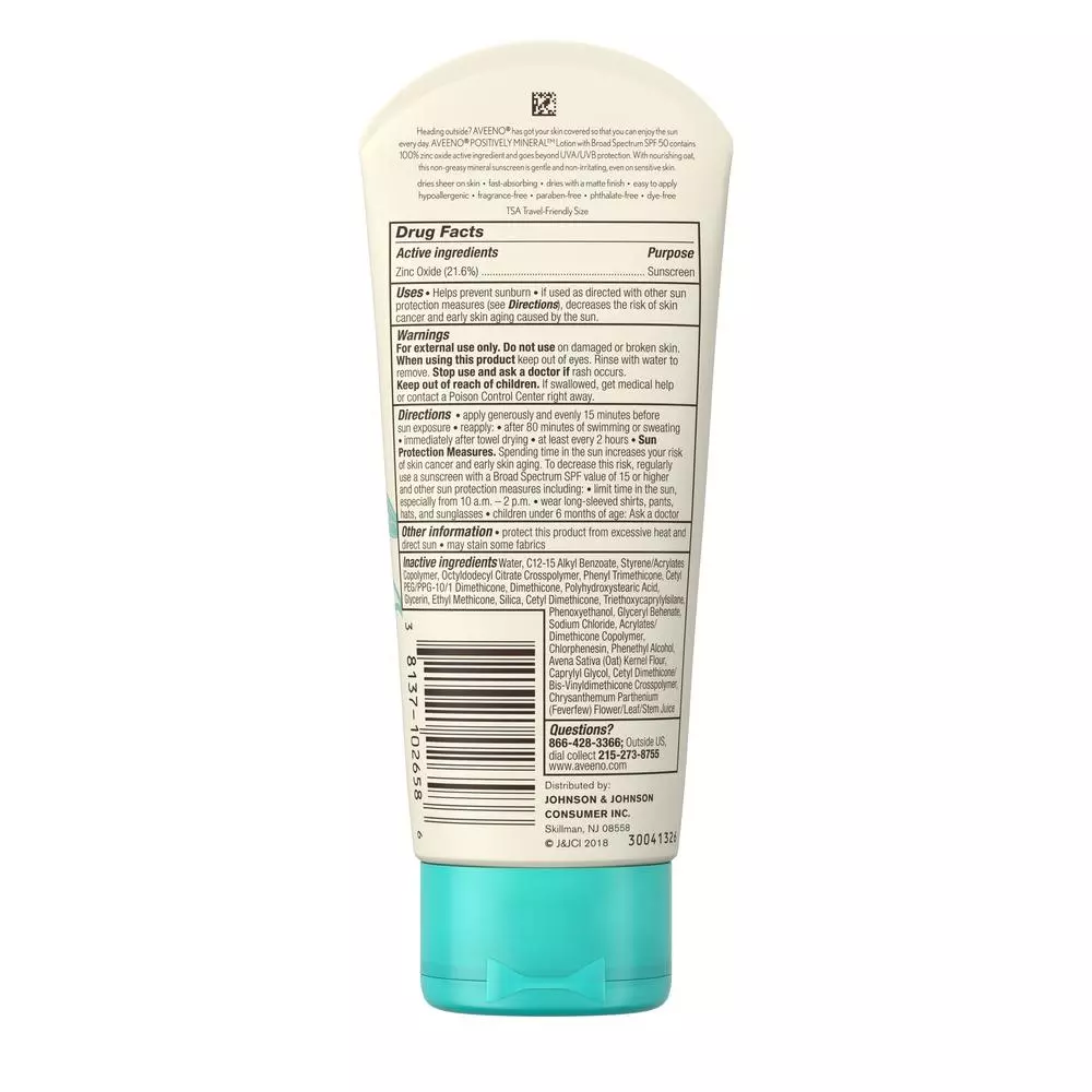 Aveeno Positively Mineral Sensitive Skin Sunscreen Broad Spectrum SPF 50 (59ML)