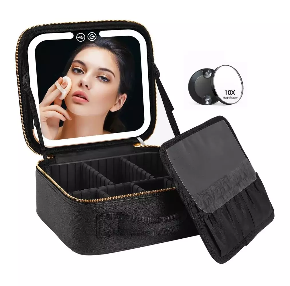 Blink Custom Professional Storage Cosmetic Waterproof Leather Light up Travel Makeup Bag With Led Mirror#Black