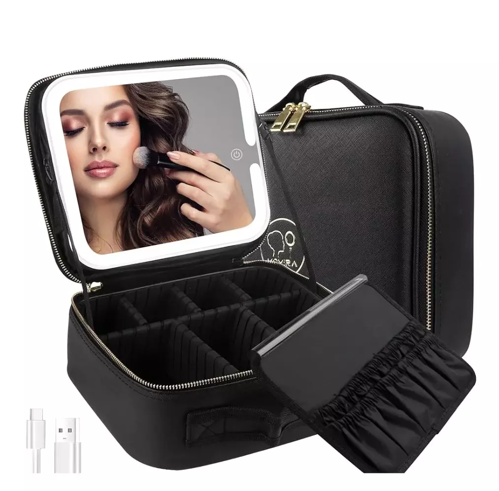 Blink Custom Professional Storage Cosmetic Waterproof Leather Light up Travel Makeup Bag With Led Mirror#Black