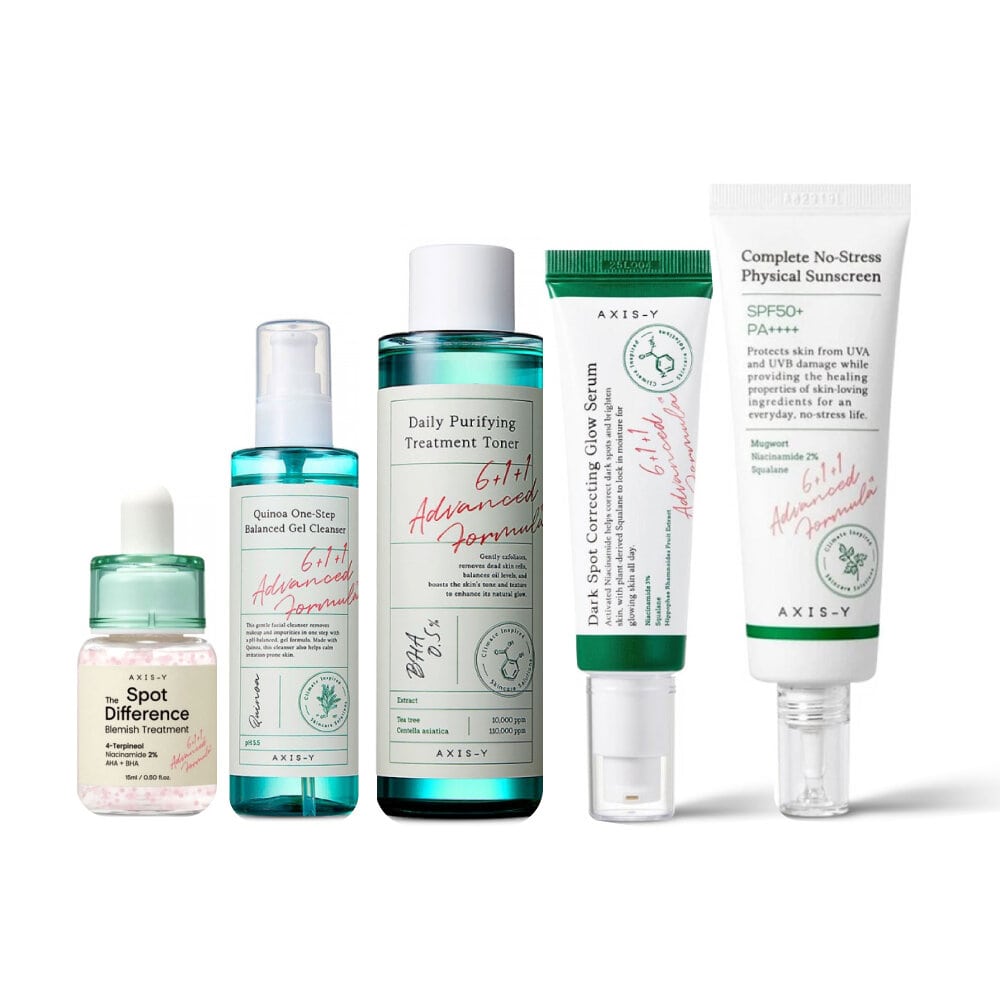 AXIS-Y 5pcs Bundle Set [ Quinoa One Step Balanced Gel Cleanser +  Daily Purifying Treatment Toner + Spot The Difference Blemish Treatment +  Dark Spot Correcting Glow Serum +  Complete No-Stress Physi